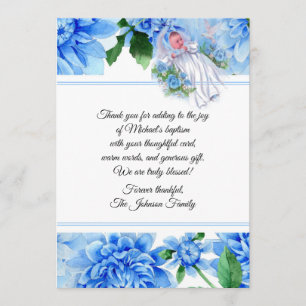 Baptismal Baby Boy Blue Flowers Thank You Card