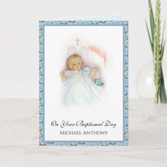 Baptismal Baby Boy Christening Religious Card (Front)
