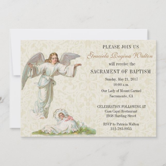 Baptismal Baby Girl Angel Invitation vintage (Devant)