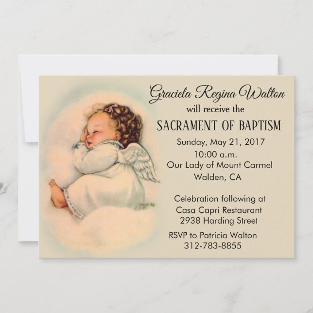 Baptismal Baby Girl Angel Invitation vintage (Devant)