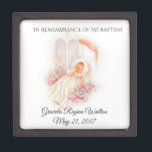 Baptismal Baby Girl Pink Flowers Keepsake Gift Box<br><div class="desc">This personalized traditional Baptismal keepsake jewellery box has a darling image of a baby girl being blessed on her baptism day accented with pink roses. There is an area for you to personalize with the name of the child.. It would be a perfect keepsake to store all the small gifts...</div>