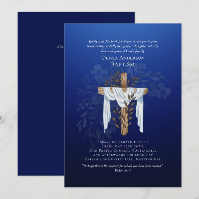 BAPTISME classique Invitation Sapphire Blue (Devant / Derrière)