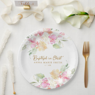 Baptized in Christ Pink Floral Custom Baptism Paper Plate
