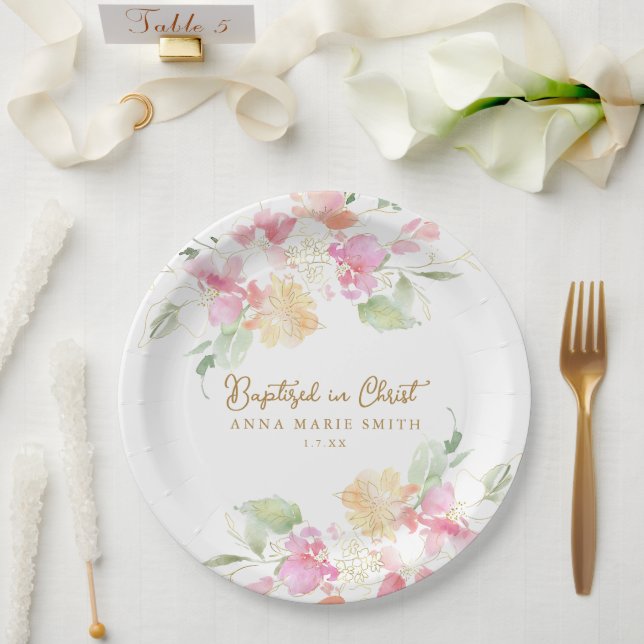Baptized in Christ Pink Floral Custom Baptism Paper Plate (Wedding)