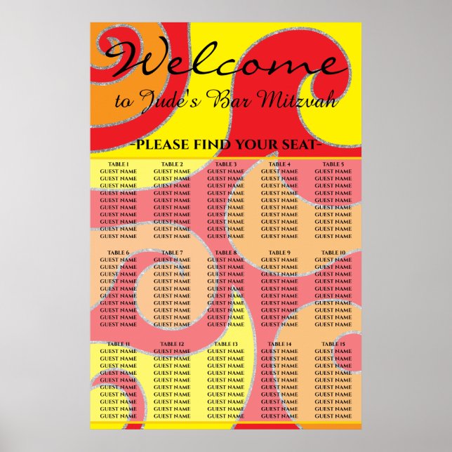 Bar and Bat Mitzvah 1960's Style Seating Chart (Front)