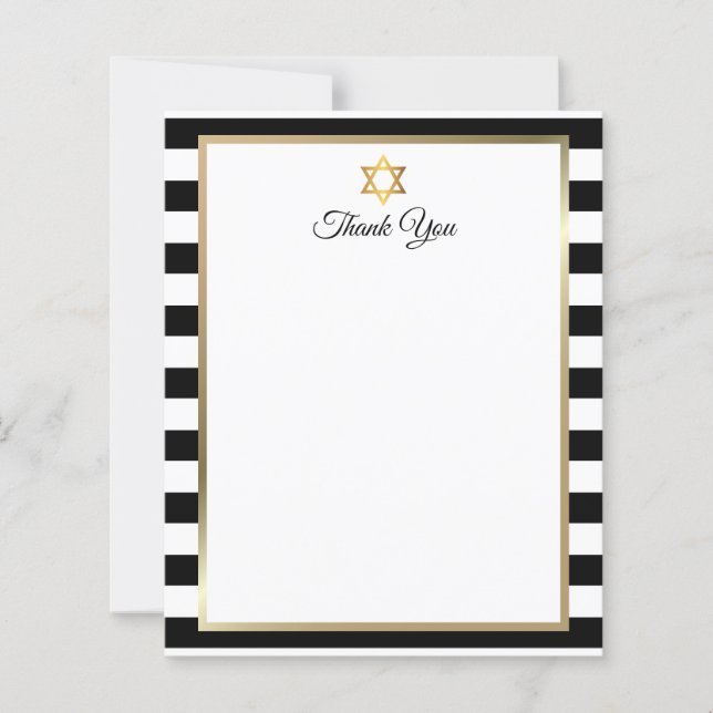 Bar Bat Mitzvah Black White Stripe Thank You Note (Front)
