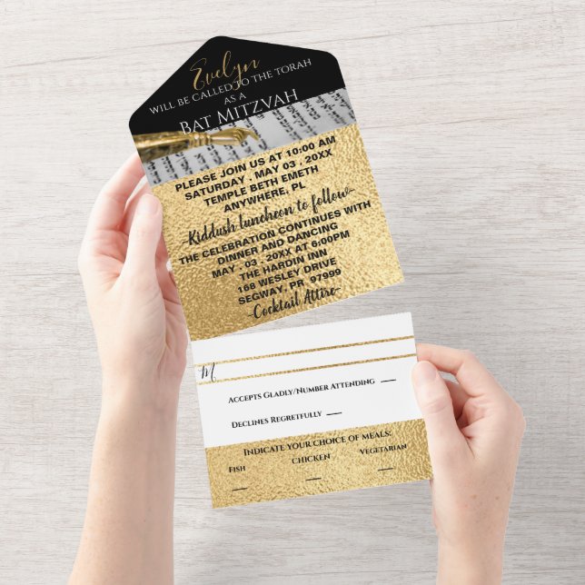 Bar Bat Mitzvah Gold and Black All In One Invitation (Tearaway)