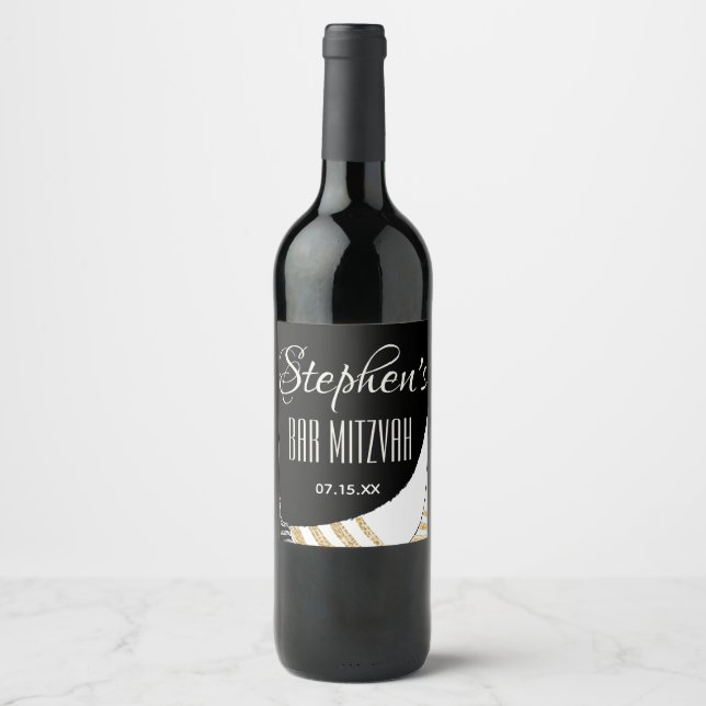 Bar Bat Mitzvah Gold Tallit Wine Bottle Label (Front)