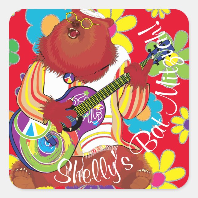 Bar Bat Mitzvah Hippie Flowery Bear Square Sticker (Front)