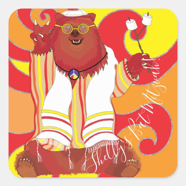 Bar Bat Mitzvah Hippie Tallit Bear Stickers Square (Front)