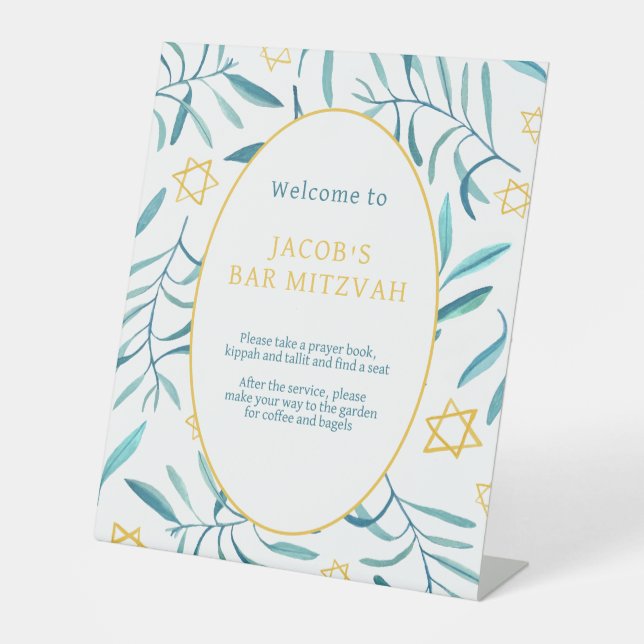 Bar Bat Mitzvah Jewish Wedding Botanicals Custom Pedestal Sign (Front)