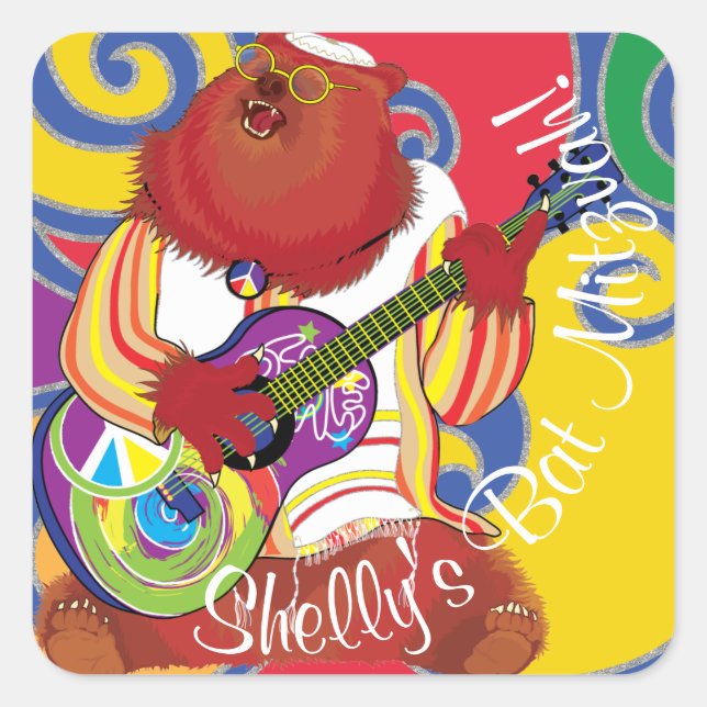 Bar Bat Mitzvah Swirls Hippie Bear Square Sticker (Front)
