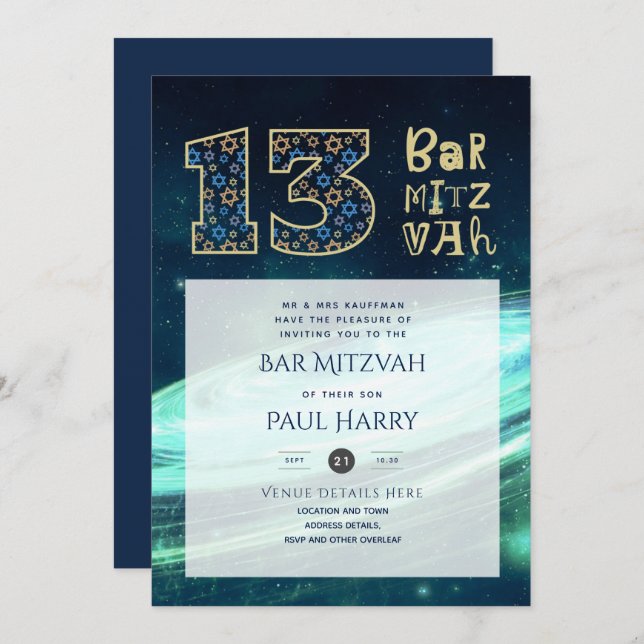 BAR Bleu Galaxy moderne MITZVAH Invitations (Devant / Derrière)