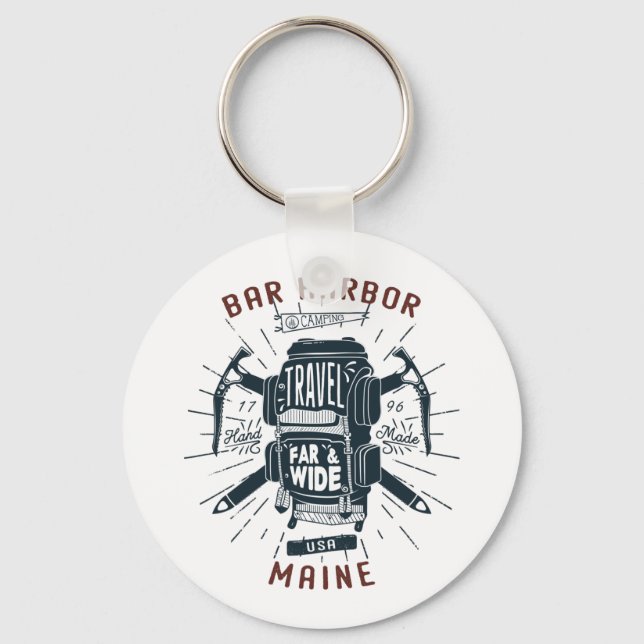 Bar Harbour Maine Backpack Gear Retro Travel Keychain (Front)