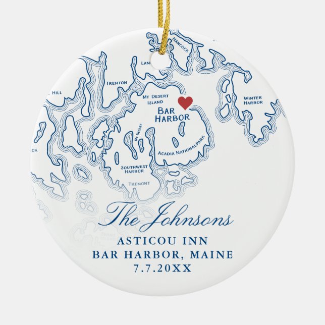 Bar Harbour Maine Map Wedding Photo Christmas Ceramic Ornament (Front)