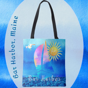 Bar Harbour Maine Watercolor Sailboat with Initial Tote Bag
