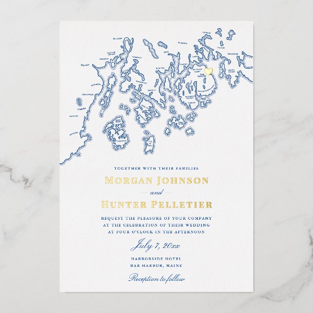 Bar Harbour Maine Wedding Elegant Navy and Gold (Front)