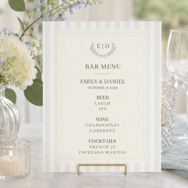 Bar Menu Blue & Sage Striped Monogram Wedding Poster (Creator Uploaded)