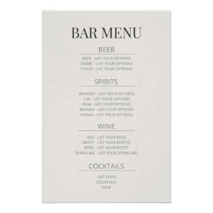 ‘Bar Menu’ Botanical Wedding Sign Warm Ivory