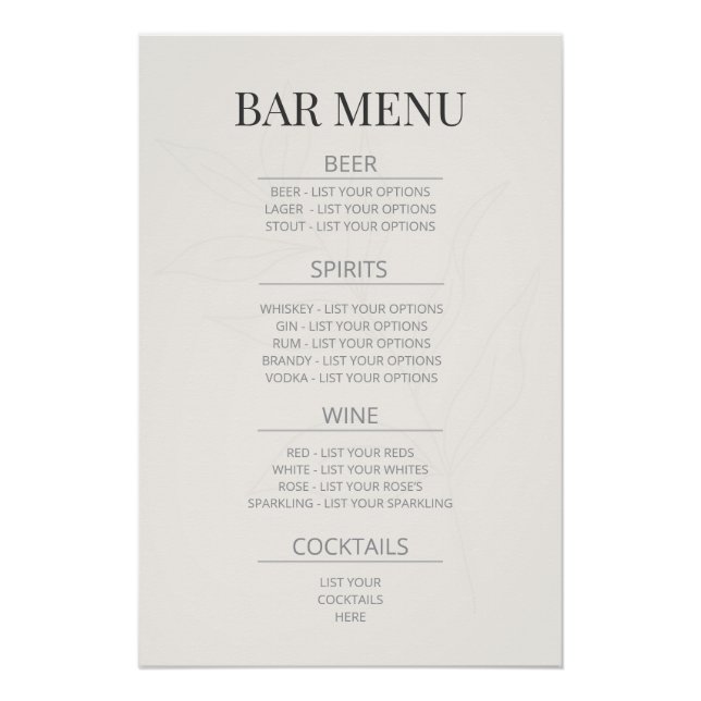 ‘Bar Menu’ Botanical Wedding Sign | Warm Ivory (Front)
