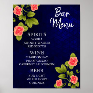 Bar Menu - Dark Blue and Coral Rose Flower Poster