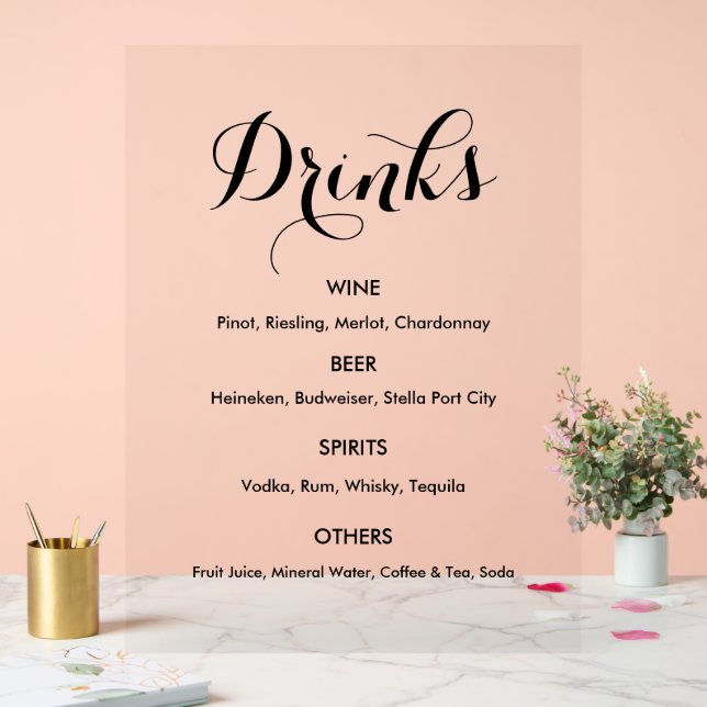 Bar Menu Drinks Wedding Party Elegant Acrylic Sign (Wedding)