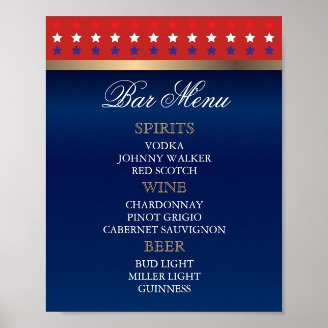 Bar Menu - Patriotic American Wedding Poster (Front)
