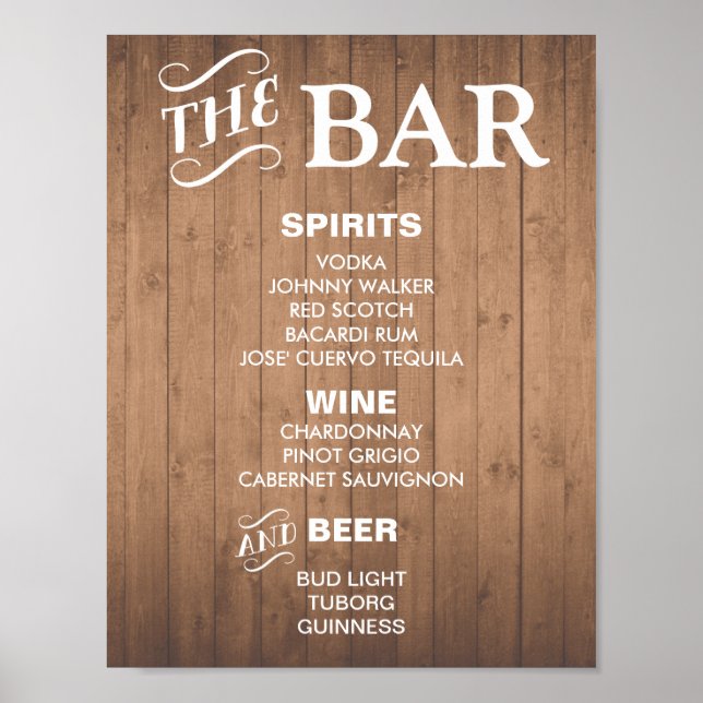 BAR MENU sign for wedding and party reception (Front)