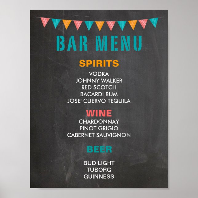 BAR MENU sign for wedding fiesta on chalkboard (Front)