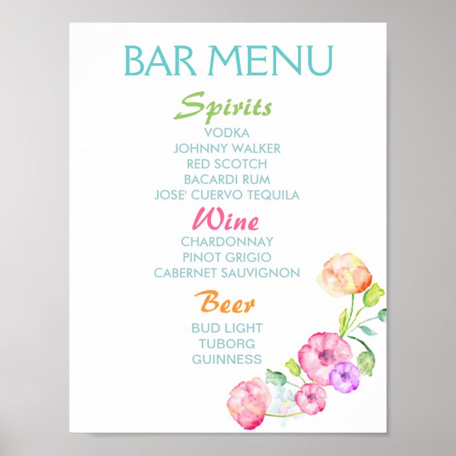 Bar menu sign - wedding party watercolor flowers (Front)