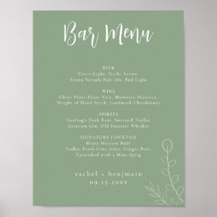 Bar Menu Wedding Sage Green Botanical Minimal Poster