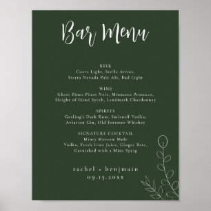 Bar Menu Wedding Sage Green Botanical Minimal Poster