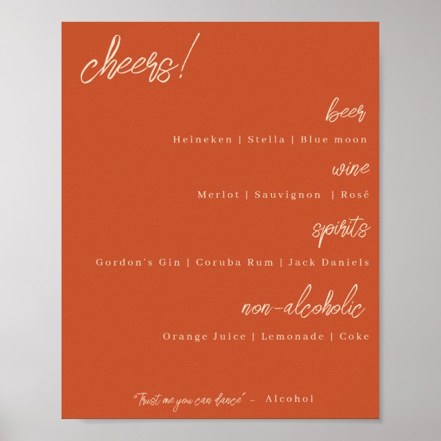 Bar Menu Wedding Signage - Burnt Orange Poster (Front)
