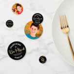 Bar Mitzvah 2 Photo Black Gold Tallit Script Bold Confetti<br><div class="desc">Add some extra style to your favourite Bar Mitzvah’s celebration party with this customizable table confetti! Graphic faux gold foil handwritten script typography, hand drawn tallit lines, Star of David and bold, white sans serif typography overlay a sophisticated, dramatic black background on one side. Your Bar Mitzvah’s photos are on...</div>