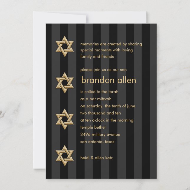 Bar Mitzvah Any Colour Stripe Gold Star Invitation (Front)