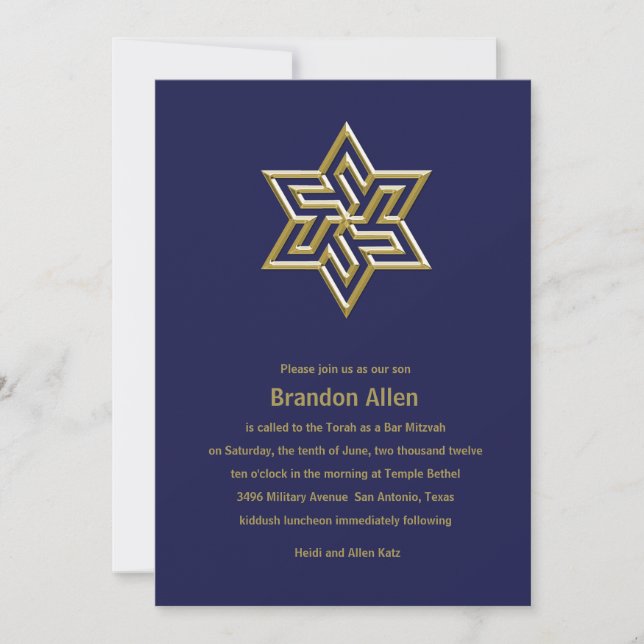 Bar Mitzvah Any Colour with Gold Star of David Invitation (Front)