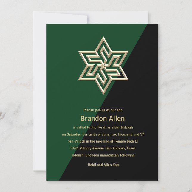 Bar Mitzvah Any Colours with Gold Star of David Invitation (Front)