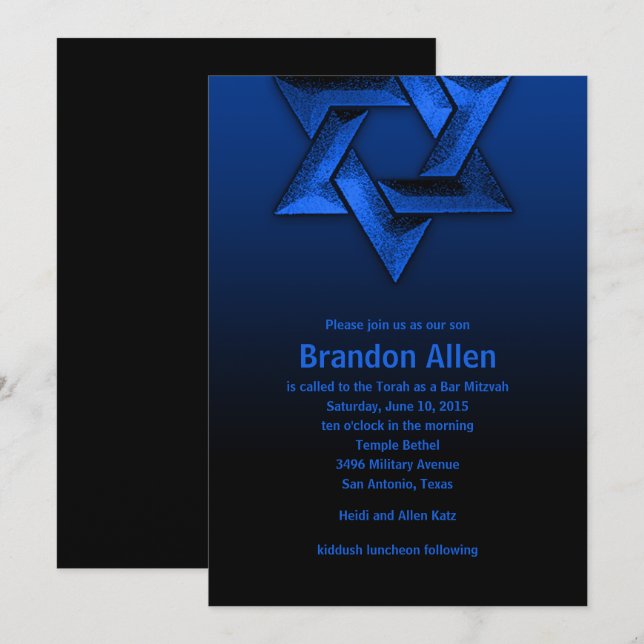 Bar Mitzvah Black and Blue Star of David Invitation (Front/Back)