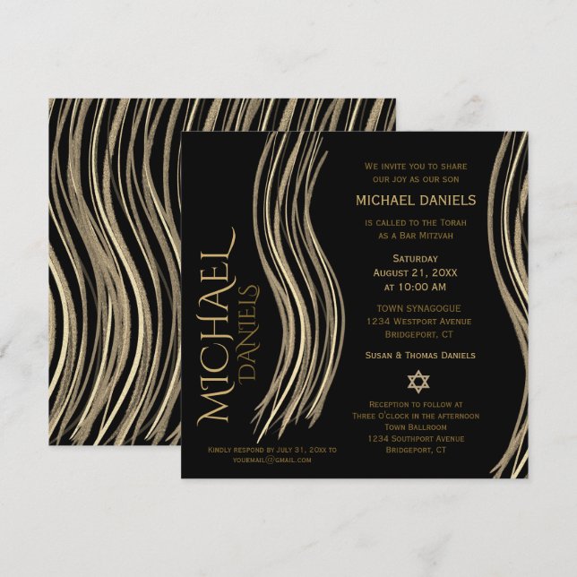 Bar Mitzvah Black and Gold Prayer Shawl Invitation (Front/Back)