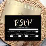 Bar Mitzvah Black Gold Foil Script Bold Entrée RSVP Card<br><div class="desc">Be proud, rejoice and showcase this milestone of your favourite Bar Mitzvah! Include this stunning, modern, personalized RSVP insert card for your event. Graphic faux gold foil calligraphy script overlays a rich, dramatic, black background. Personalize the custom text with the “reply by” date. Personalize the custom text with the “reply...</div>