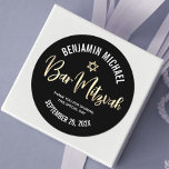Bar Mitzvah Black Gold Foil Script Bold Modern Classic Round Sticker<br><div class="desc">Be proud, rejoice and showcase this milestone of your favourite Bar Mitzvah! Use this cool, unique, modern, personalized sticker to add to his special day. Graphic faux gold foil handwritten script typography and a faux gold Star of David overlay a sophisticated, dramatic black background. Personalize the custom text with your...</div>