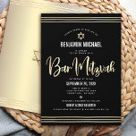 Bar Mitzvah Black Gold Foil Script Bold Modern Invitation<br><div class="desc">Be proud, rejoice and showcase this milestone of your favourite Bar Mitzvah! Send out this stunning, modern, sophisticated, personalized invitation for an event to remember. Graphic faux gold foil calligraphy script, Star of David, and hand drawn tallit lines, overlay a rich, dramatic, black background. A faux gold Star of David...</div>