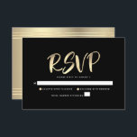 Bar Mitzvah Black Gold Foil Script Bold Modern RSVP Card<br><div class="desc">Be proud, rejoice and showcase this milestone of your favourite Bar Mitzvah! Include this stunning, modern, personalized RSVP insert card for your event. Graphic faux gold foil calligraphy script overlays a rich, dramatic, black background. Personalize the custom text with the “reply by” date. Matching and coordinating invites, address labels, stickers,...</div>