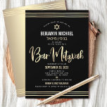 Bar Mitzvah Black Gold Foil Script Hebrew Name Invitation<br><div class="desc">Be proud, rejoice and showcase this milestone of your favourite Bar Mitzvah! Send out this stunning, modern, sophisticated, personalized Hebrew name invitation for an event to remember. Graphic faux gold foil calligraphy script, Star of David, and hand drawn tallit lines, overlay a rich, dramatic, black background. A faux gold Star...</div>