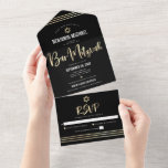 Bar Mitzvah Black Gold Foil Script Tallit Modern All In One Invitation<br><div class="desc">Be proud, rejoice and showcase this milestone of your favourite Bar Mitzvah! Send out this stunning, modern, custom all-in-one invitation for an event to remember. Graphic faux gold foil calligraphy script, Star of David, and hand drawn tallit lines overlay a rich, dramatic, black background. This all-in-one product is an unique...</div>