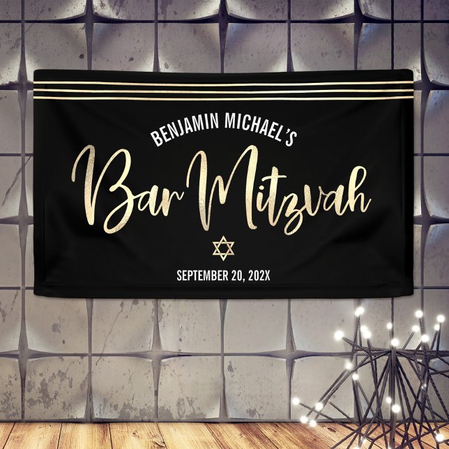 Bar Mitzvah Black Gold Foil Script Tallit Modern Banner (Creator Uploaded)