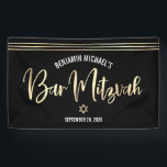 Bar Mitzvah Black Gold Foil Script Tallit Modern Banner<br><div class="desc">Be proud, rejoice and showcase this milestone of your favourite Bar Mitzvah! Hang up this cool, unique, modern, personalized banner to add to his special day. Sparkly, gold faux foil calligraphy script, hand drawn tallit lines and Star of David overlay a sophisticated, dramatic black background. Personalize the custom text with...</div>