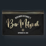 Bar Mitzvah Black Gold Foil Script Tallit Modern Banner<br><div class="desc">Be proud, rejoice and showcase this milestone of your favourite Bar Mitzvah! Hang up this cool, unique, modern, personalized banner to add to his special day. Sparkly, gold faux foil calligraphy script, hand drawn tallit lines and Star of David overlay a sophisticated, dramatic black background. Personalize the custom text with...</div>