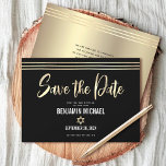 Bar Mitzvah Black Gold Foil Script Tallit Modern Save The Date<br><div class="desc">Make sure all your friends and relatives will be able to celebrate your son’s milestone Bar Mitzvah! Send out this stunning, modern, “Save the Date” announcement card. Graphic faux gold foil calligraphy script, Star of David, and hand drawn tallit lines, overlay a rich, dramatic, black background. Personalize the custom text...</div>