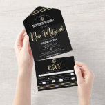 Bar Mitzvah Black Gold Foil Script Tallit Party All In One Invitation<br><div class="desc">Be proud, rejoice and showcase this milestone of your favourite Bar Mitzvah! Send out this stunning, modern, custom all-in-one invitation for an event to remember. Graphic faux gold foil calligraphy script, Star of David, and hand drawn tallit lines overlay a rich, dramatic, black background. This all-in-one product is an unique...</div>